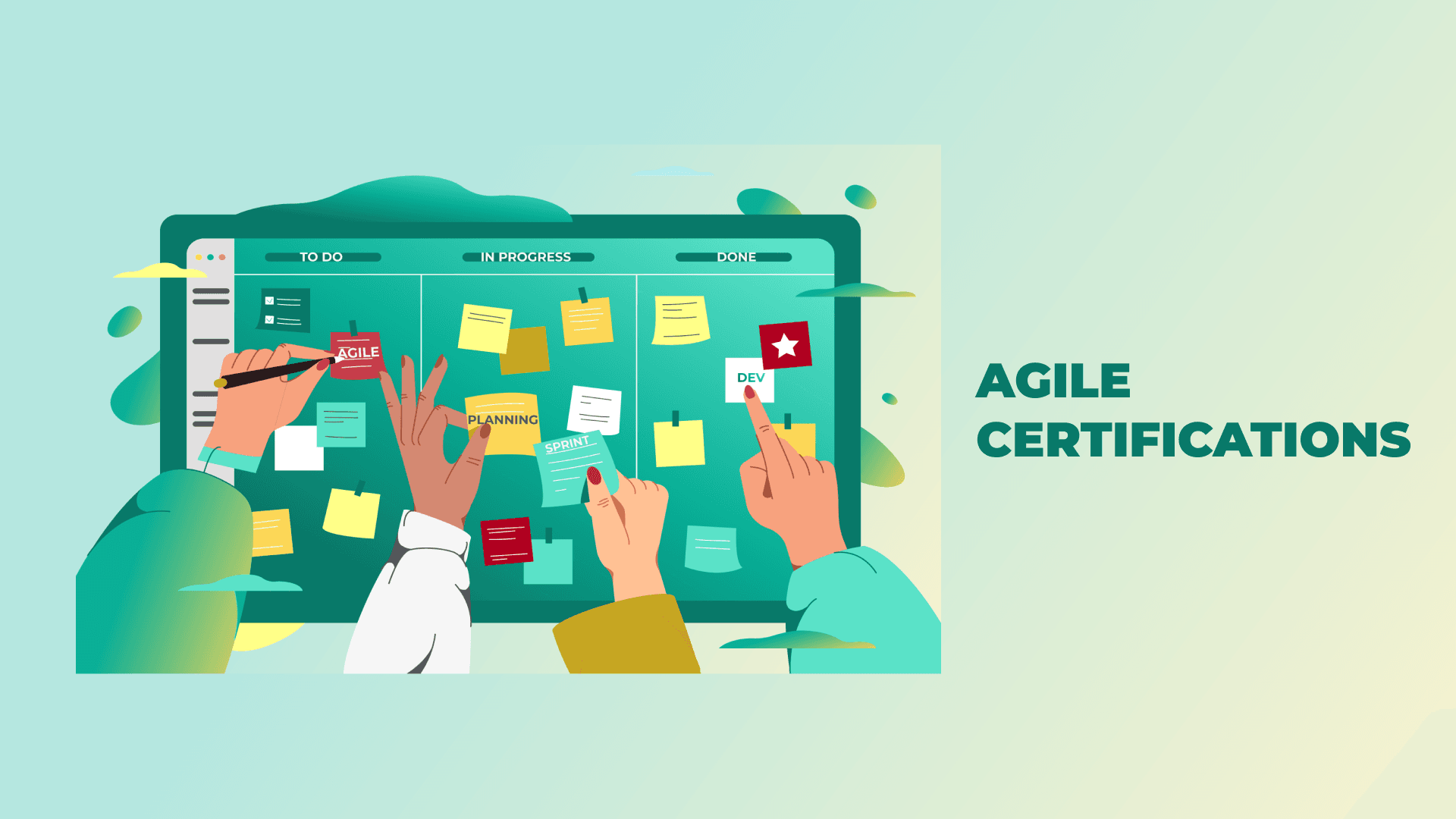 An infographic image of an agile board with agile certifications written on the right