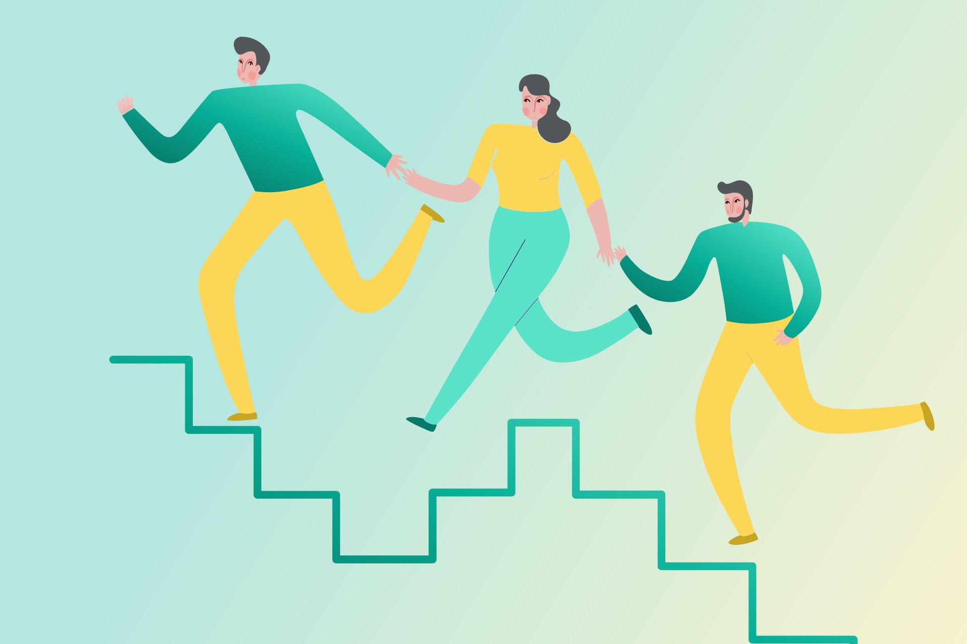 An infographic image of 3 people walking up a stairs holding hand in hand