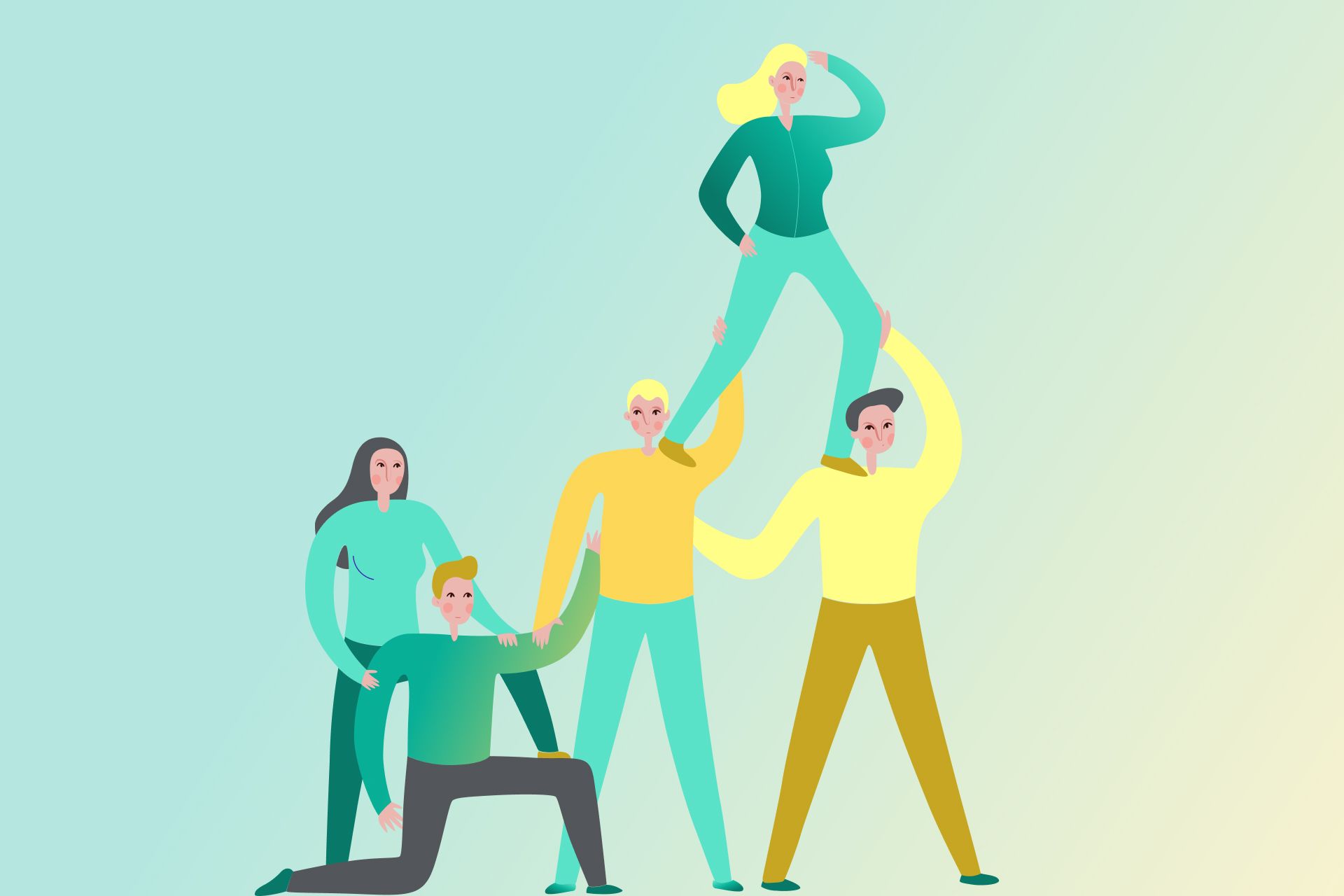 An infographic image of 5 people 2 persons holding 1 person on their sholder