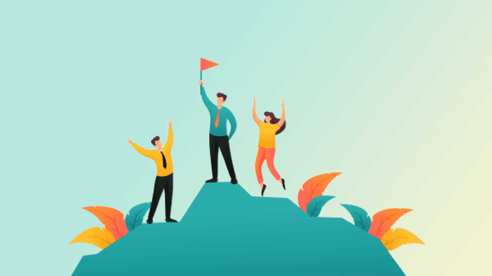 An infographic image of 3 people on a hill celebrating with raising red flag