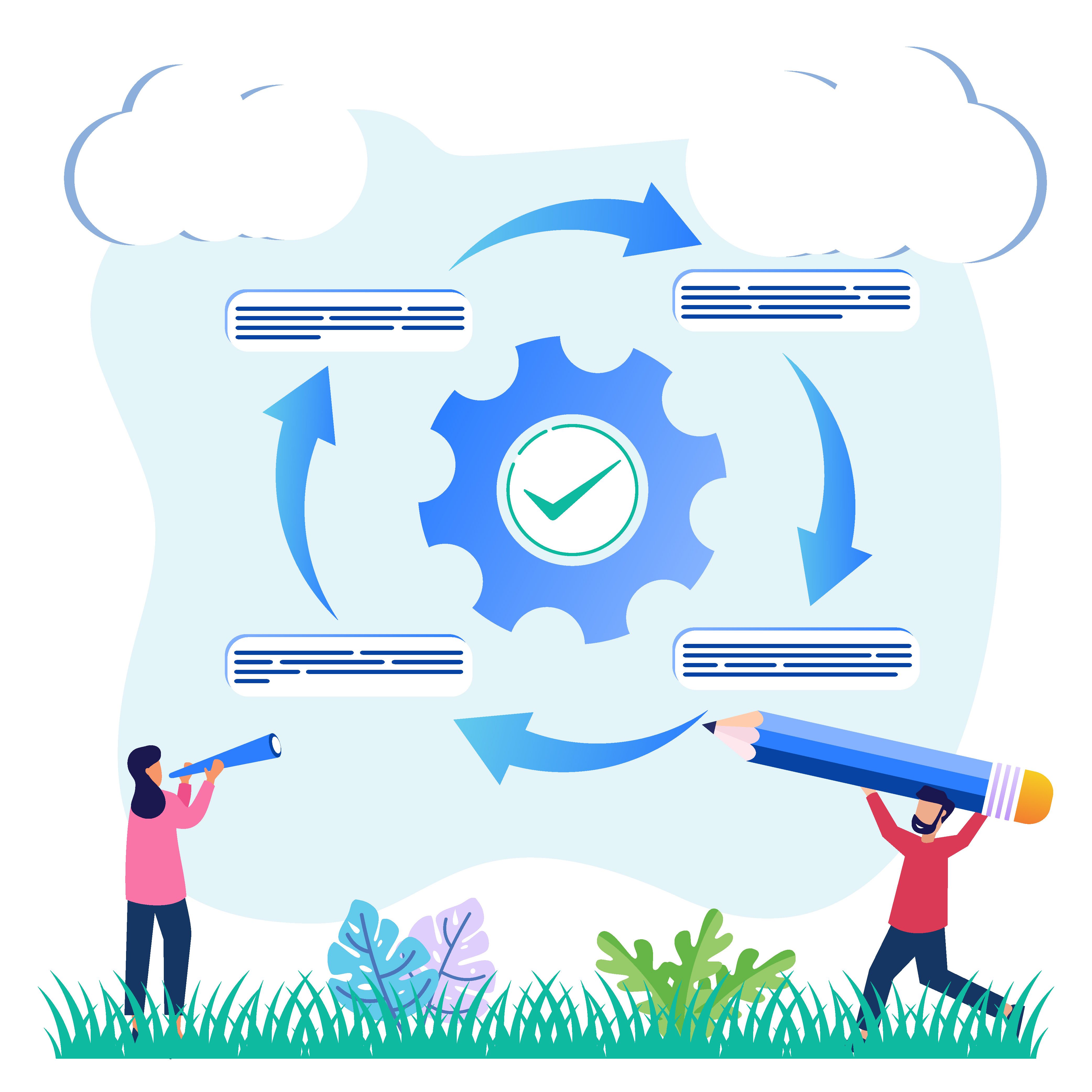 Two individuals interact with a large gear with a checkmark in a green setting, using a telescope and pencil, symbolizing process feedback.