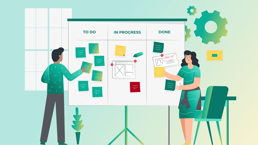 An infographic image of 2 people working in front of an a scrum board