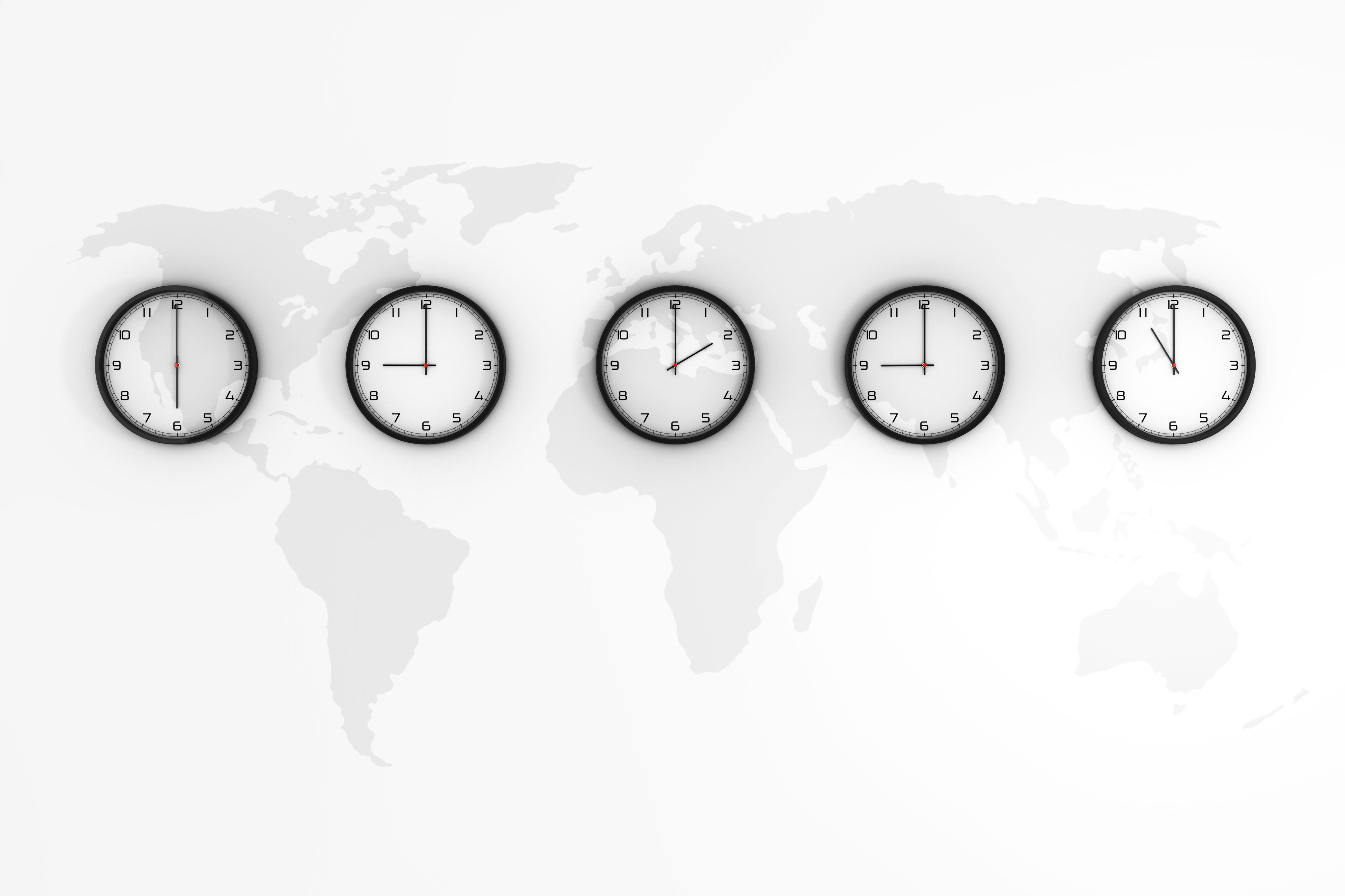 set-clocks-with-different-world-time-with-world-map-white-background-3d-rendering